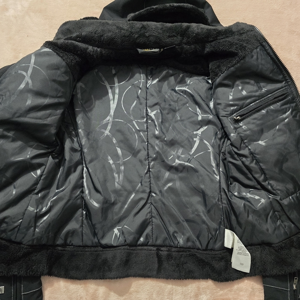 Mountain Hardwear Soft Shell Utility Moto Hooded Bomber jacket Coat black cozy S - Picture 6 of 15